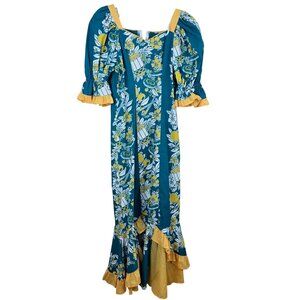 Vintage 80s Hawaiian MuuMuu Maxi Dress Womens M Teal Yellow Ruffle Hem